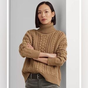 Lauren Ralph Lauren Cable Knit Turtleneck Fisherman Sweater Tan Small